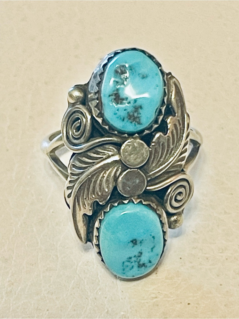 Vtg Native American Sterling Silver turquoise feather ring Sz 9-9.5